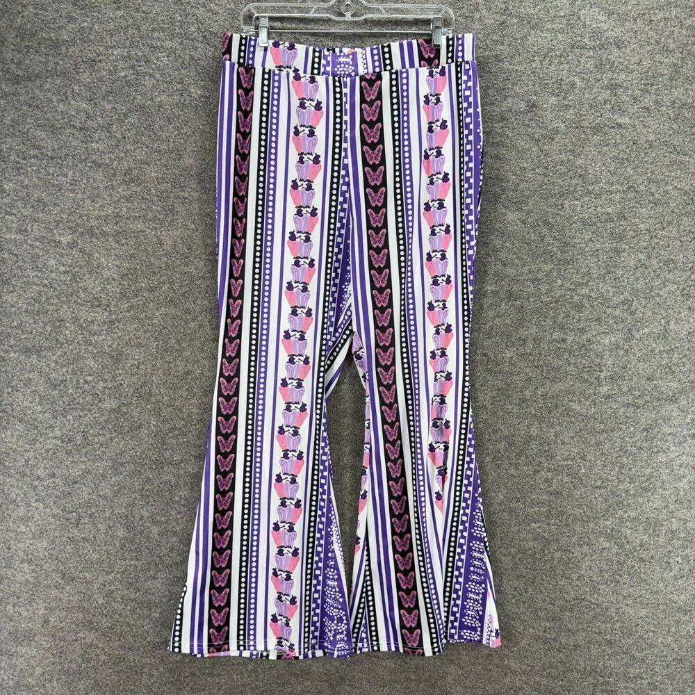 Grawell Pants Women 2XL Blue Striped Mid Rise Flat Front Flared Pull On Casual